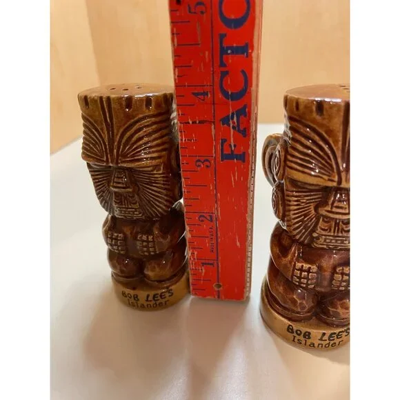 Vintage Bob Lees Islander Tiki Salt & Pepper Shaker Set Ceramic Brown Polynesian - Picture 9 of 11